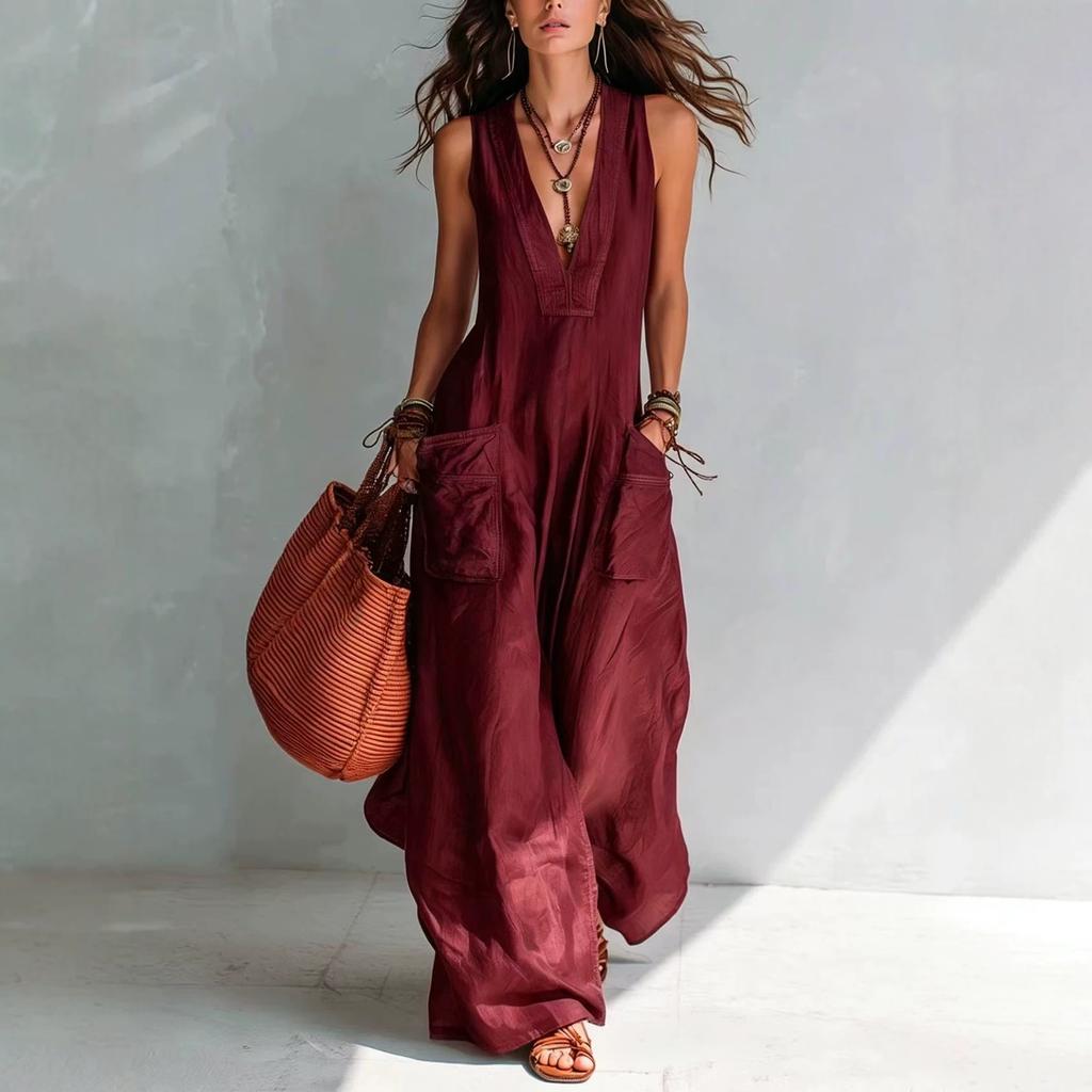 Women's Sleeveless Deep V Neck Loose Wide Leg Jumpsuit Solid Pocket Maxi Jumpsuit Casual Vacation Romper