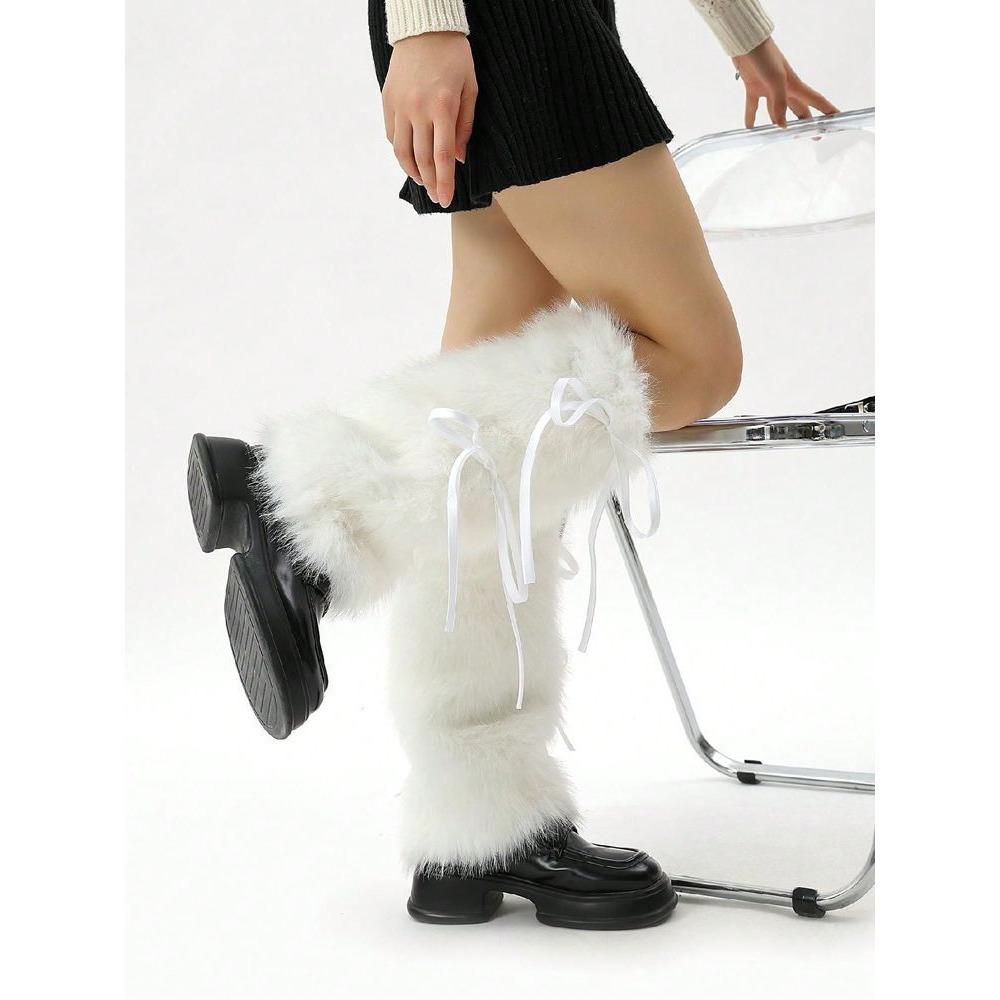 Women's Leg Warmers Autumn and Winter Warm Fur Plush Calf Socks with Bowknot Faux Fur Socks Mid-Tube Stacked Socks Boots