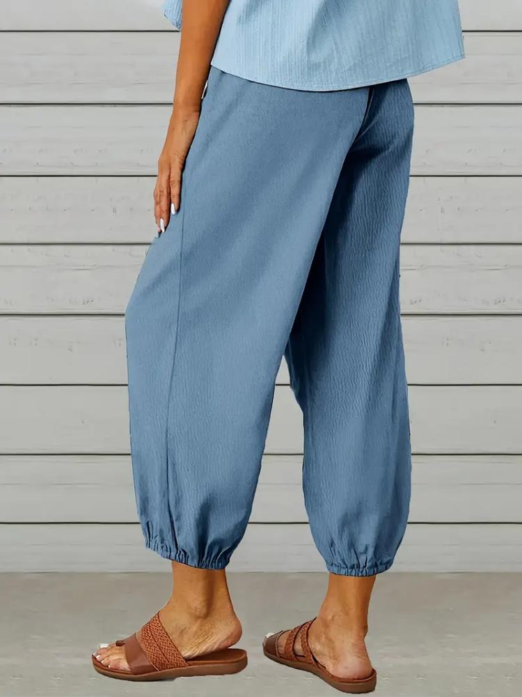 Women Capri Pants Drawstring High Waist Trousers Wide Leg Cropped Pants with Pockets