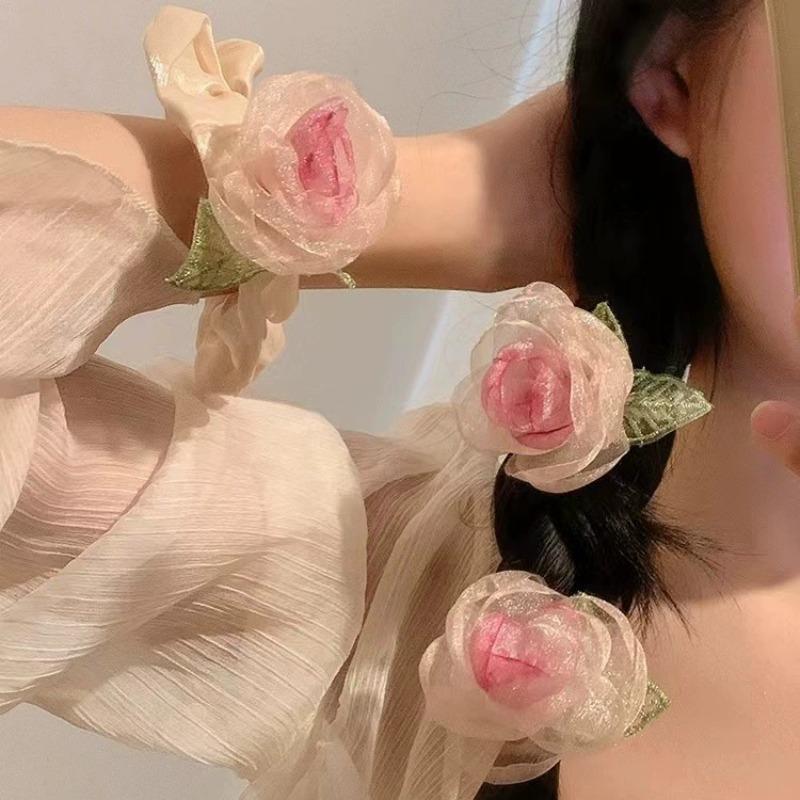 Elegant French Style Mesh Rose Hair Clip Women Headwear Vintage Floral Scrunchie Hairpin for Bride Wedding Party Favor for Guest
