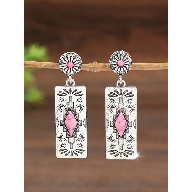 1 Pair Western Style Carved Inlaid Rhombus Artificial Turquoise Rectangular Pendant Earrings, Women's Vintage Jewelry