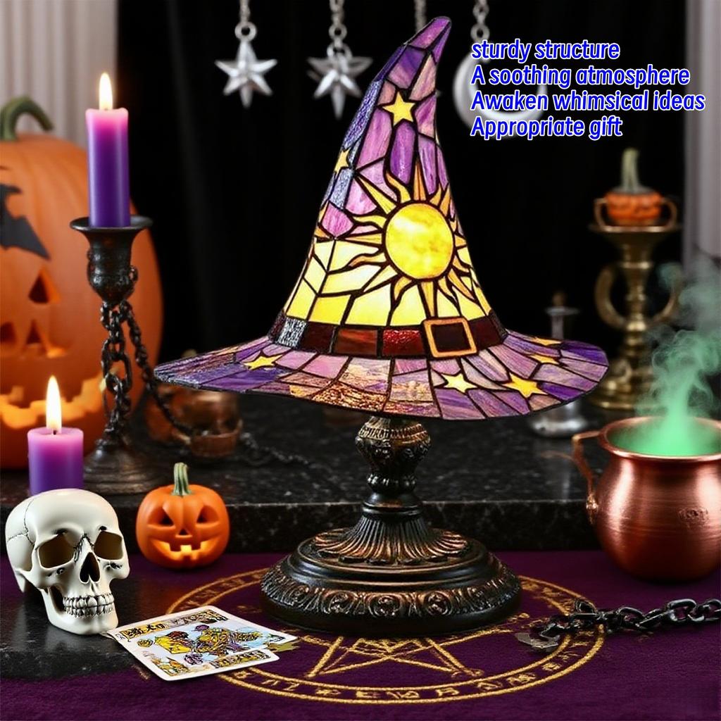 Halloween Witch Hat Lamp USB Powered Stained Glass Mood Light Creative Table Lamp Night Light Retro Home Bedroom Decoration