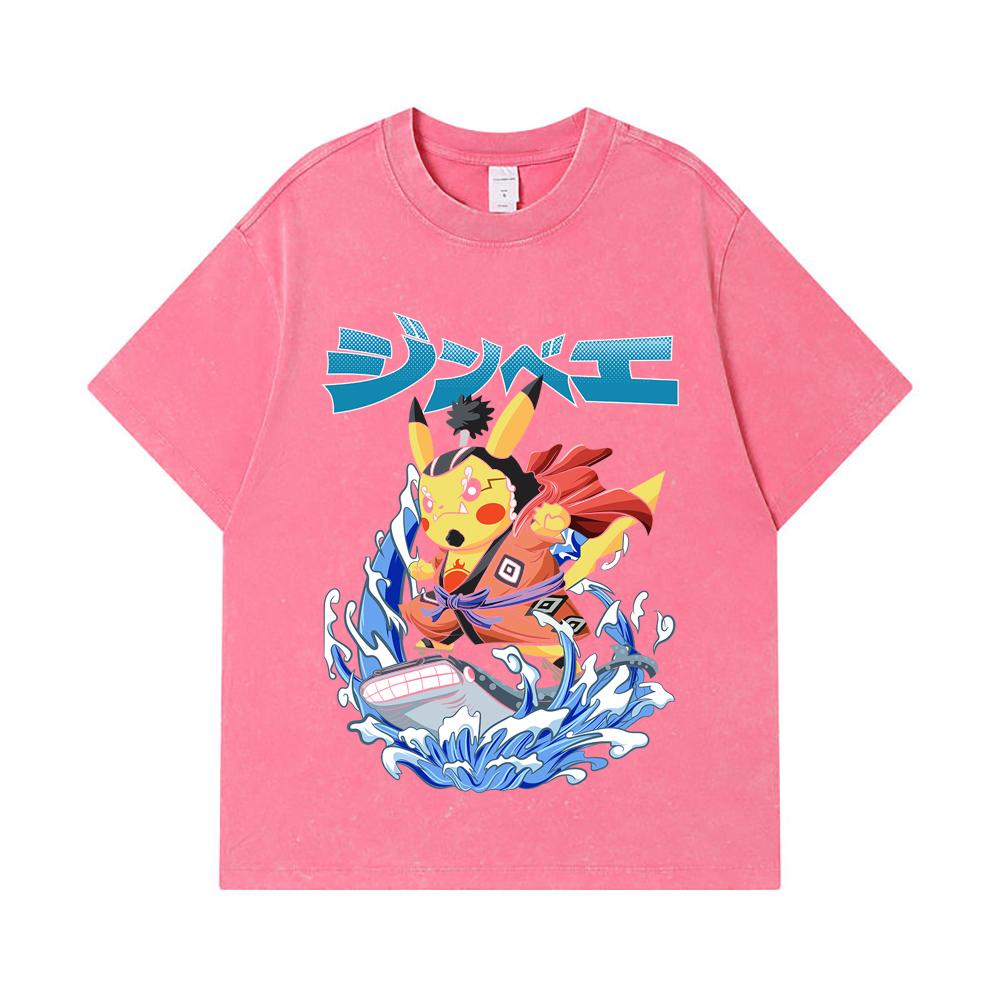 275 GSM Washed T-shirts 100% Cotton Pokemon V11 Jimbei Pikachu Print Unisex Heavy Cotton T Shirt