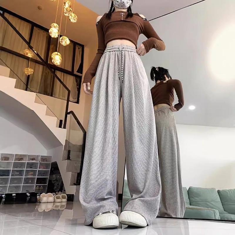 Striped Glutinous Rice Pants Women's Spring and Autumn New Lazy Wind High Waist Loose Wide Leg Pants Drape Straight Floor Pants