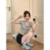 Cotton Bow Lace V-neck Short-sleeved T-shirt for Women In Summer New Slim Fit and Sexy Hot Girl Short Top