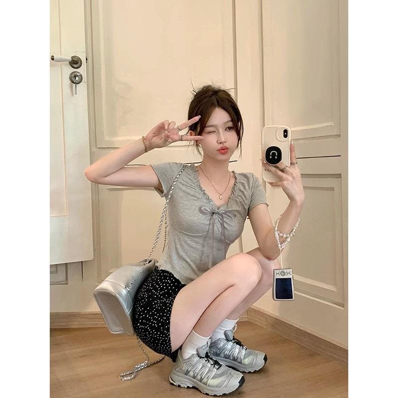 Cotton Bow Lace V-neck Short-sleeved T-shirt for Women In Summer New Slim Fit and Sexy Hot Girl Short Top
