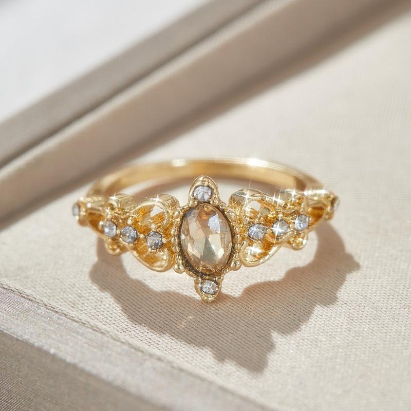 Exquisite Champagne Zircon Ring Luxury Crystal Oval Engagement Rings For Women Vintage Fashion Gold Color Wedding Jewelry