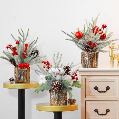 Christmas Artificial Snowy Pine Branches with Vase Faux Pine Cone Berry Arrangement Vintage Faux
