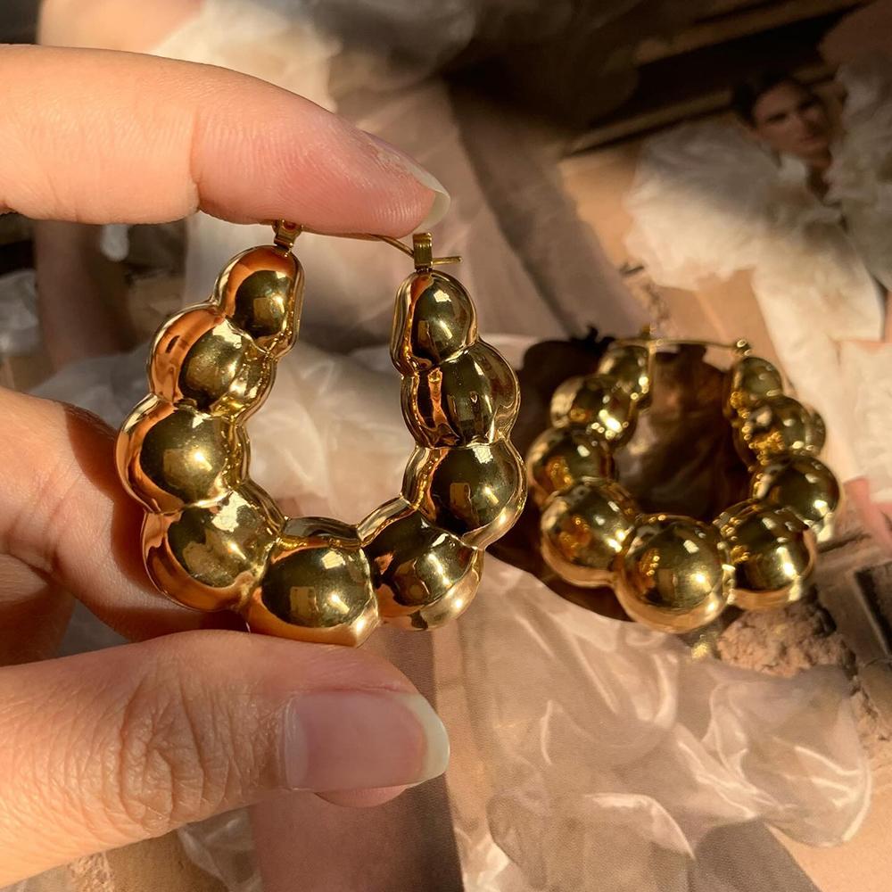 Vintage Punk Gold Plated Large Round Beaded Chunky Hoop Earrings for Women Lightweight Stainless Steel Hoops Statement Jewelry