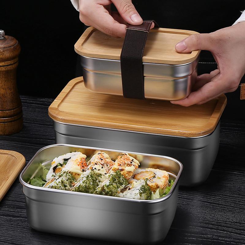 

304 Stainless Steel Lunch Box with Wooden Lid Portable Japanese Large Capacity Bento Food Storage Container Student Picnic