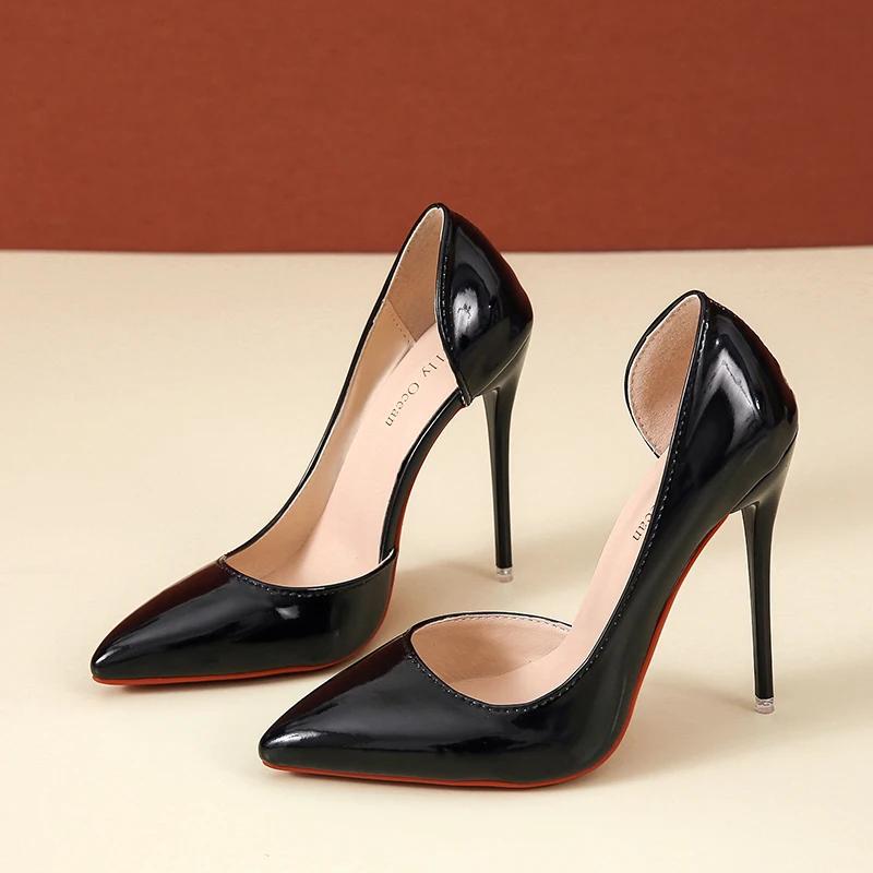 Fashion Black Patent Leather Side air Pointed Toe Red Rubber Bottom Women High Heels Party Shoes Sexy Ladies Dress Stiletto Pumps 44 45