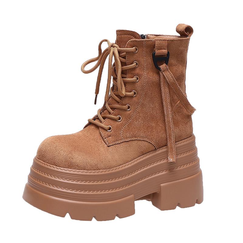 Fashion Women's Chunky Motorcycle Boots Autumn Suede Leather Hidden Heels Sneakers Winter Punk Boots 10CM Heels Platform Mid-calf Boots