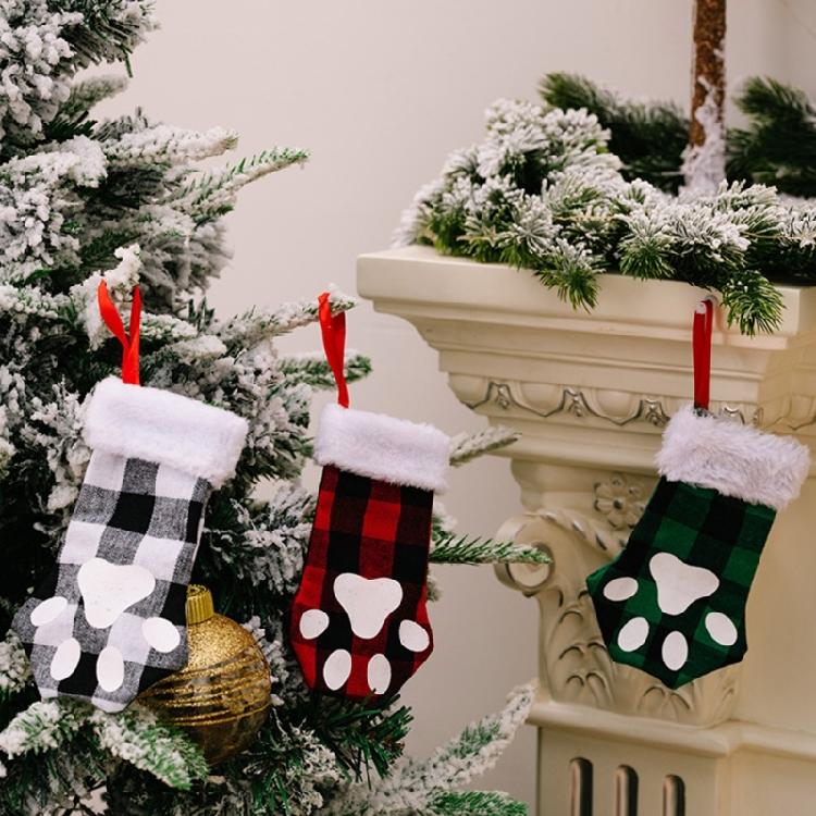 Christmas Cute for Cat Paw Plaid Tree Stocking Family Gather Party Decor