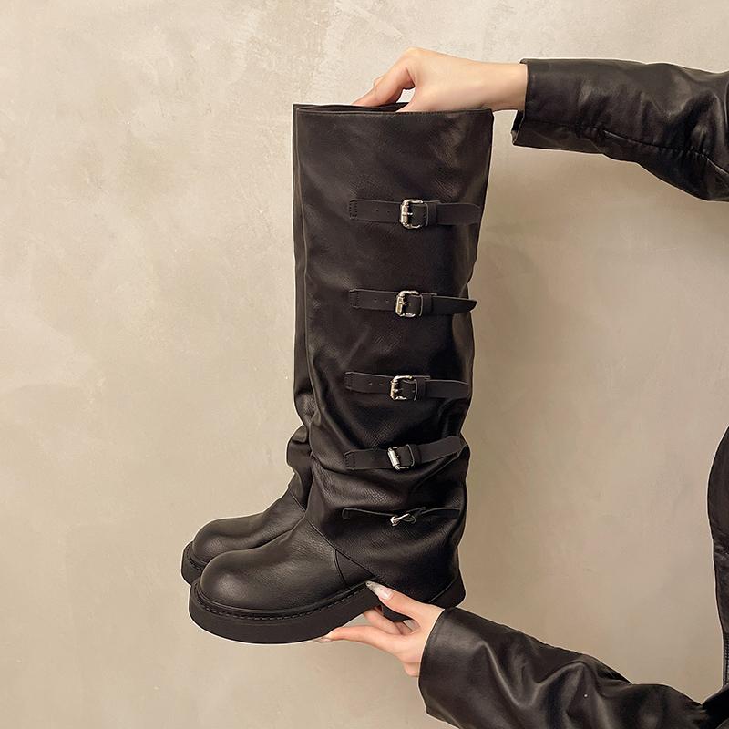 Модные ботинки нового стиля Женские на толстом каблуке До середины икры Западные ковбойские ботинки Кожа ипскин Внутренний материал Наружный материал 35 чёрный 4640₽