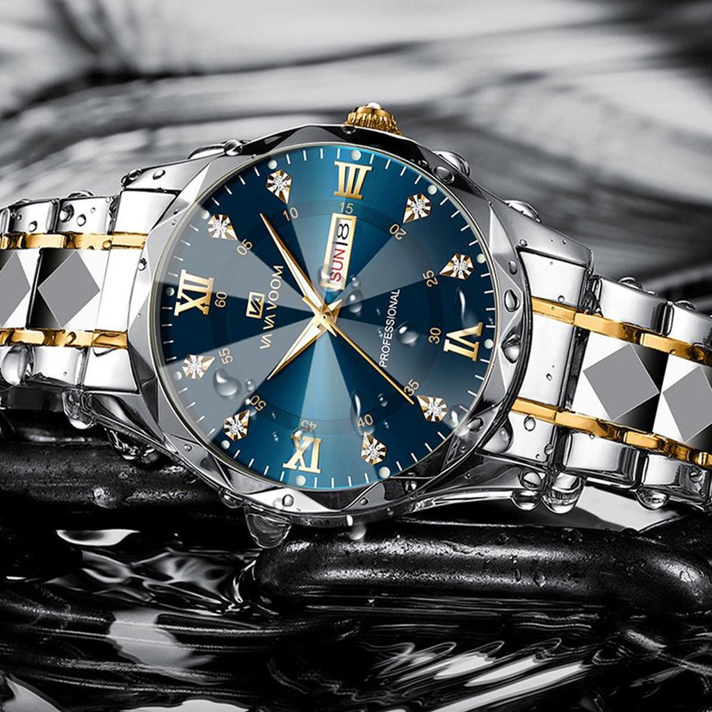 VA VA VOOM Luxury Men’s Quartz Watches Man 30m Waterproof Luminous Date Week Stainless Steel Men Watch Casual Sports Women Quartz Watches Male Clock