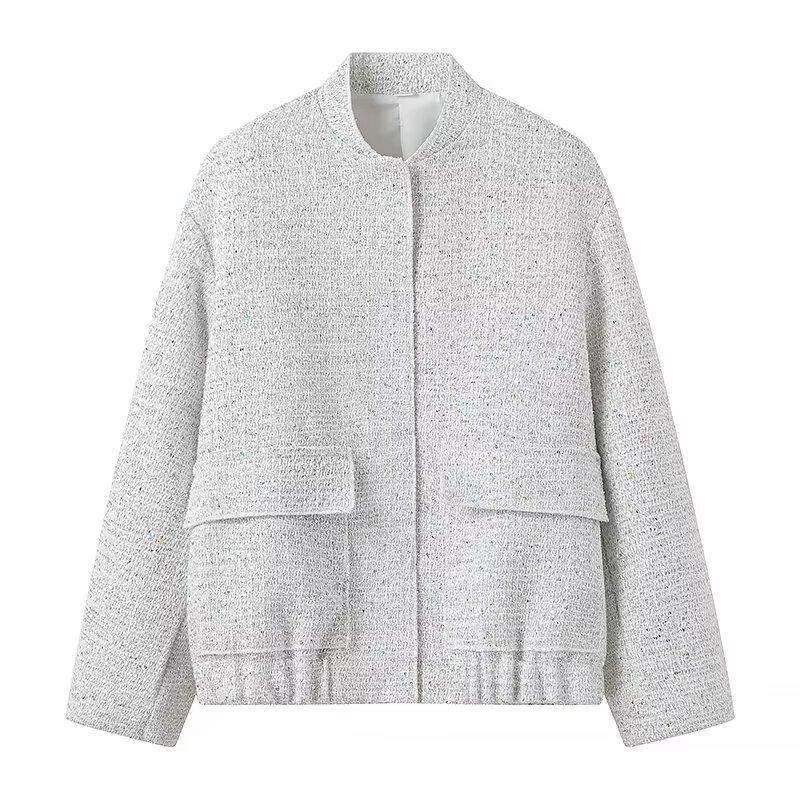 Women Shiny Jacket Y2k Stand Collar Long Sleeve Short Coat Autumn Winter Ladies Streetwear