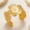 Gold Metal Open Bangle with Large Floral Design - High-End Women's Statement Jewelry