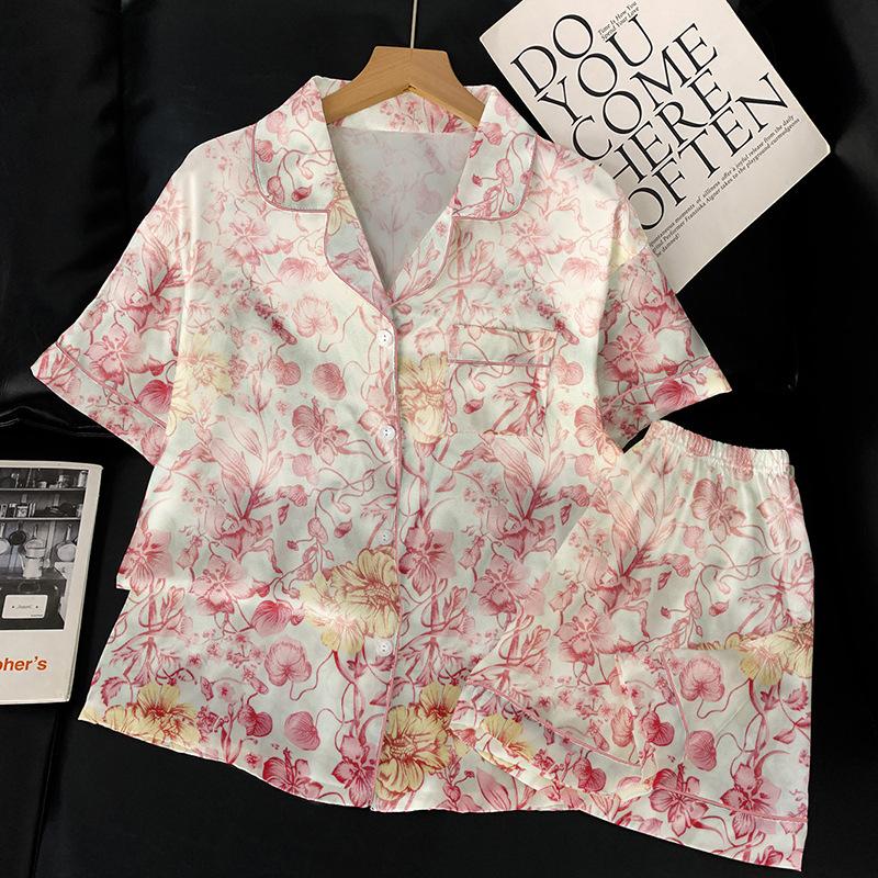 National Style Retro Flower Print Ice Silk Pajamas Women'S Summer Short-Sleeved Thin Suit Loungewear