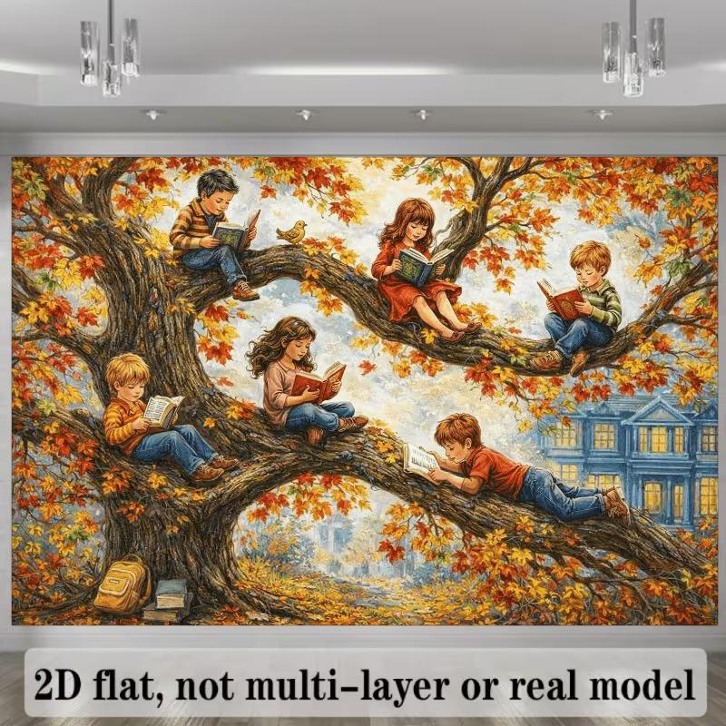 2D Autumn Kids Reading Tree Tapestry, Children Reading Under Fall Maple Tree 47.2x31.5inch/120*80cm