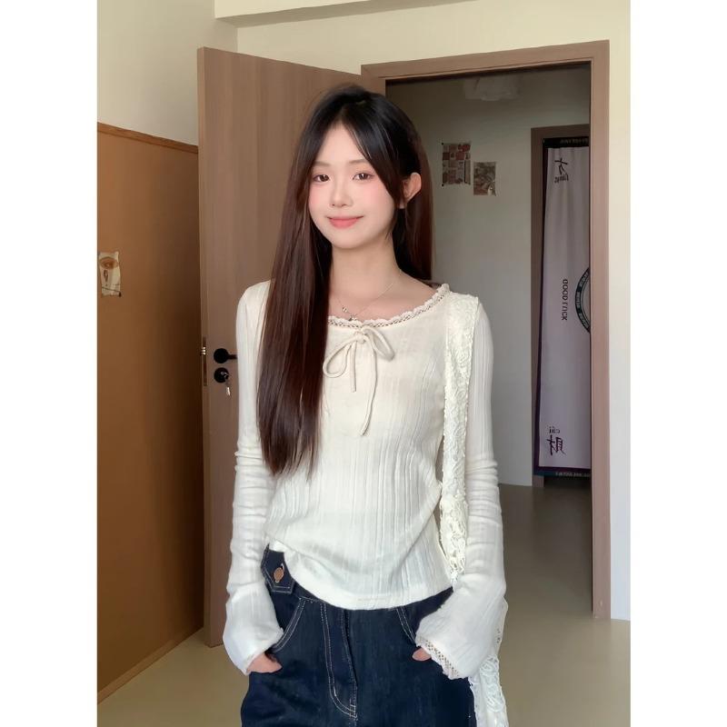 

Жаккардовый топ со шнуровкой-бантом, осенняя облегающая базовая рубашка с чистым кружевным краем, женская рубашка с длинным рукавом XL абрикосовый