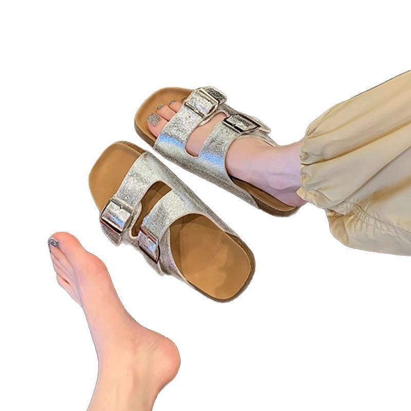Silver burst pattern thick-soled cork slippers double-breasted fashion Boken shoes cool slippers women's pedal summer wear