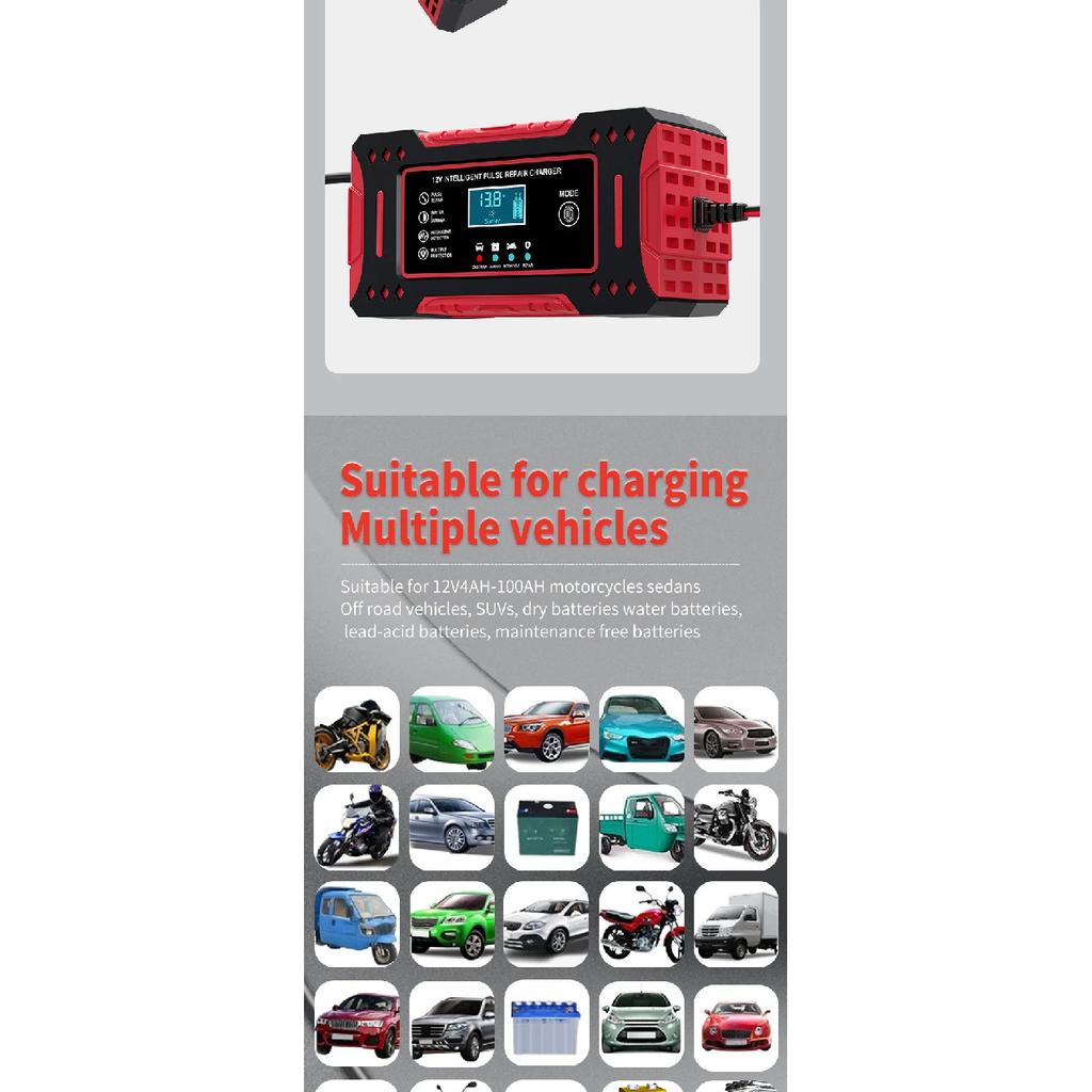 6A 12V Intelligent Car Battery Charger Car and Motorcycle Battery Charging Unit Lead-Acid Battery Repair LCD Display