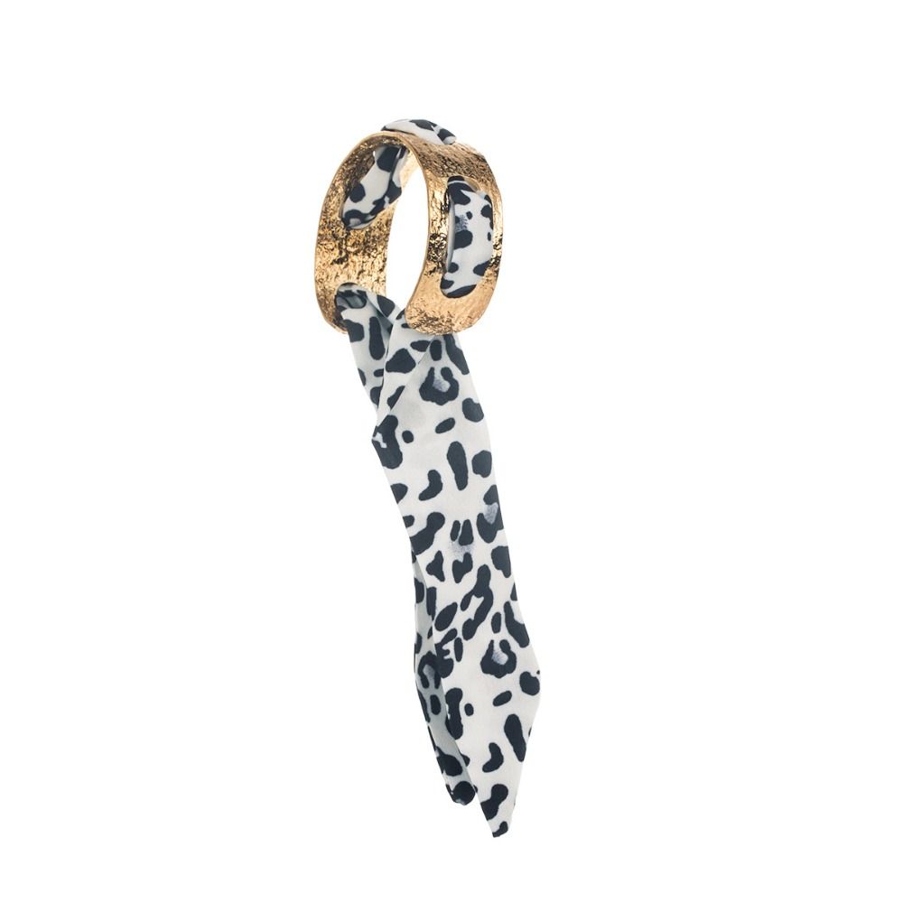 Leopard Print Silk Scarf Cuff Bangles Ribbon-Wrapped Polka Dot Metal Wide Bracelet Geometric Minority Design