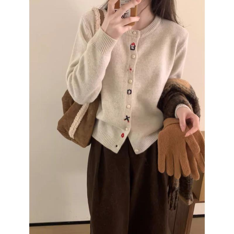 

Осень и зима новый нежный вышитый новый красный шерстяной вязаный кардиган женский внутренний круглый вырез свободный свитер куртка one size fits all абрикосовый