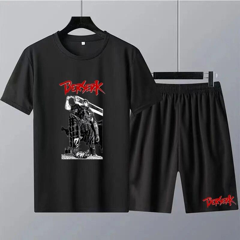 Japanese Anime Berserk Print Men's Round Neck T-shirt Sets Summer T-Shirt Shorts 2pcs Set Oversized Tracksuit Casual Men Clothes