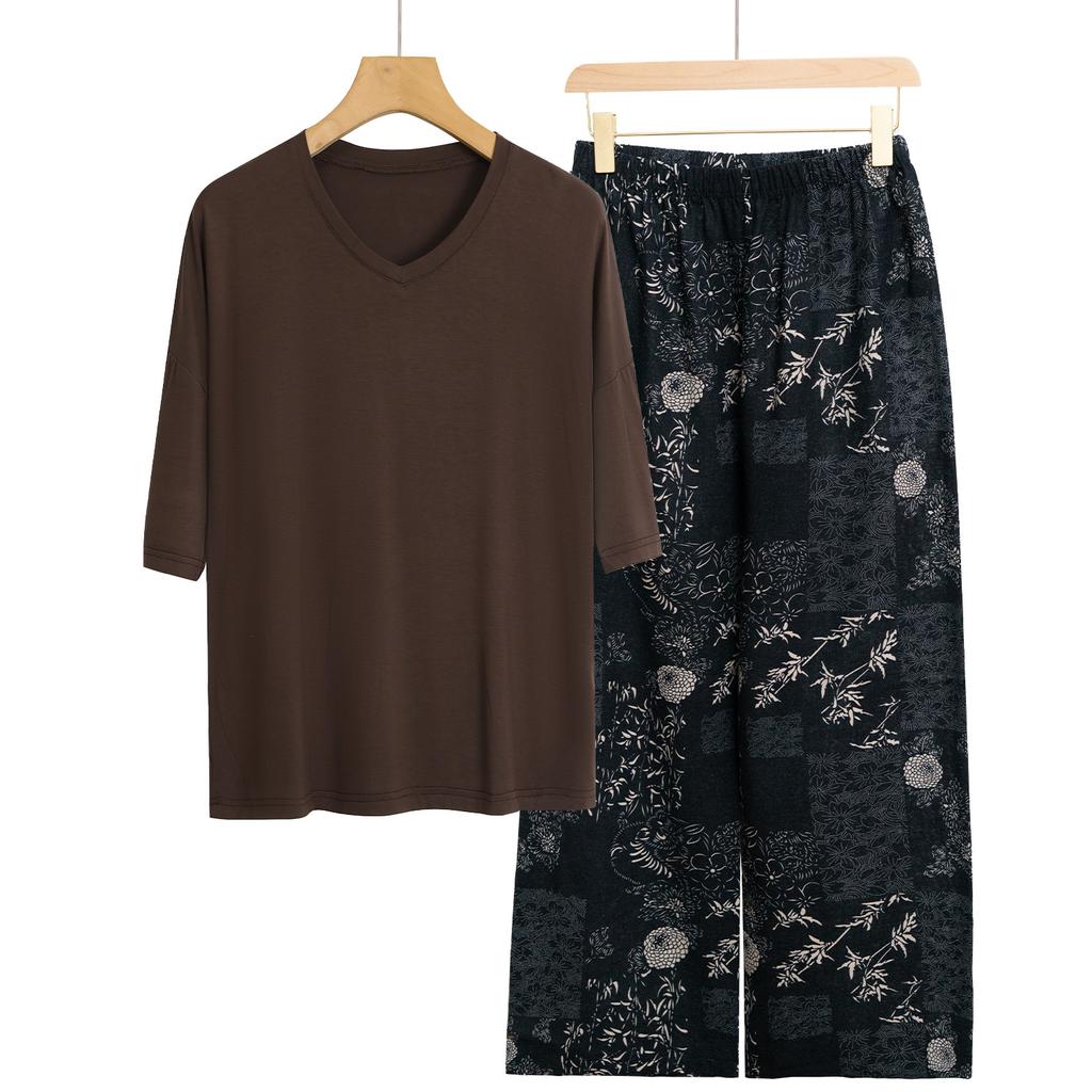 Pajamas Women's Spring and Summer New V-neck Short-sleeved Cotton and Linen Pants European and American Large-size Loungewear Two-piece Set
