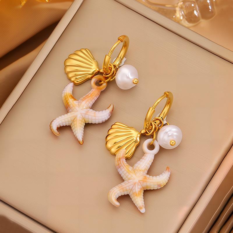 Stainless Steel Earrings with Ocean-themed Pearl Pendants. Sea Star and Dolphin Shell Titanium Steel Earrings for Decoration.