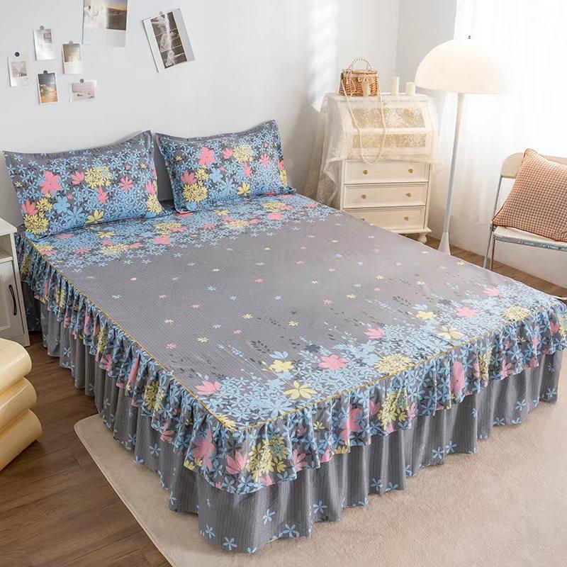 Tagesdecke mit zweilagigem Saum, verdickter, rutschfester, bedruckter Bettvolant, Bettlaken, Bettwäscheprodukte mit Pflanzen- und Blumenmustern