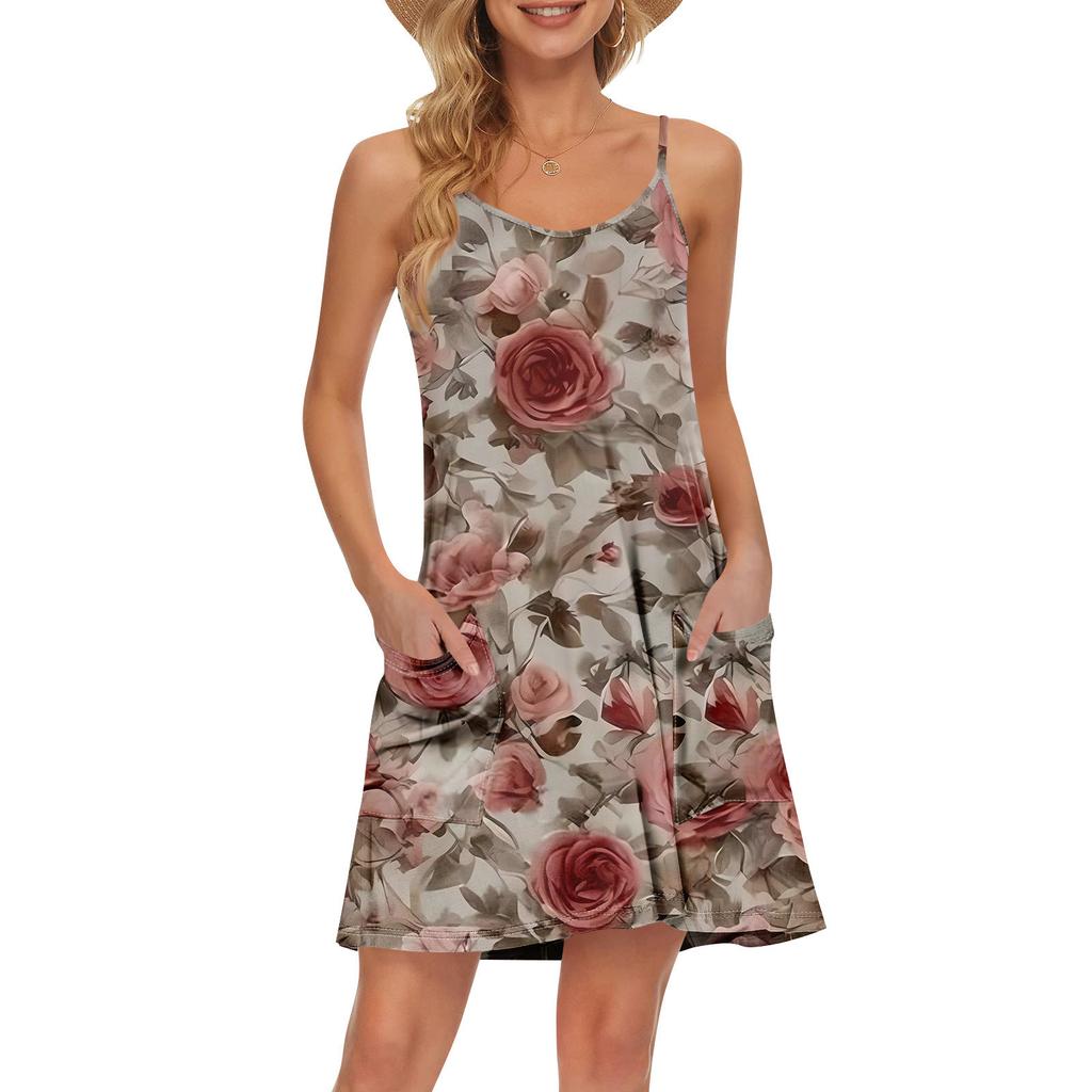 Dame Sommer Casual Stropper Solkjole Med Lommer Kort Strandferie Tankkjoler