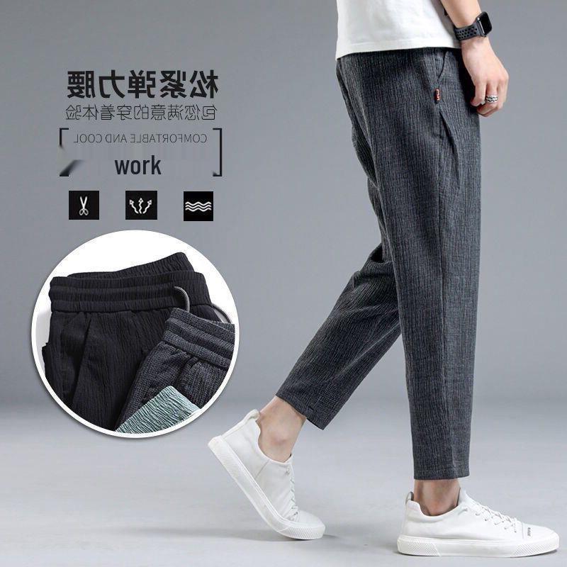 Herren Sommer Eis Seide Atmungsaktiv Schnelltrocknend Neun-Punkt Leinen Freizeithose