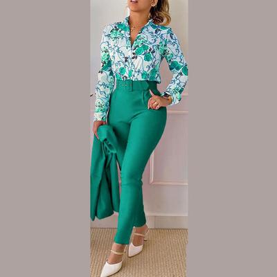Elegante camicia stampata e pantaloni, due pezzi da donna, primavera autunno, moda, camicie a maniche lunghe, pantaloni a vita alta, abiti casual, taglie forti