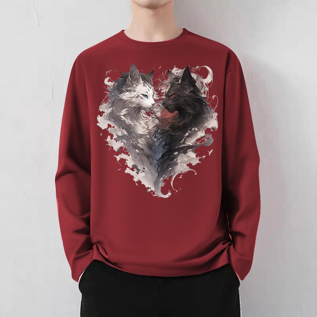 Japanese high street smoke cat print men and women 2024 spring and autumn loose American lazy chic couple crew neck t-shirt