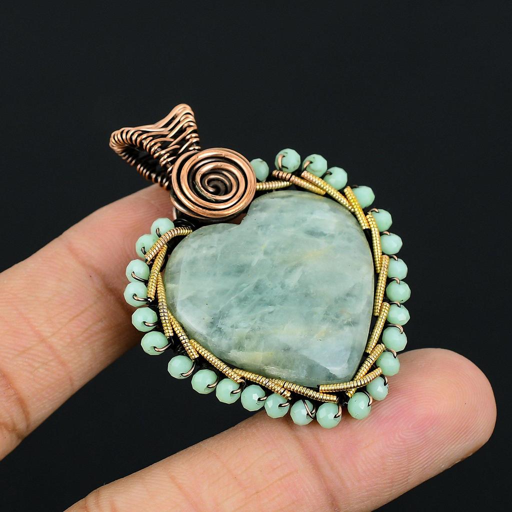 Aquamarine Gemstone Handmade Copper Wire Wrap Jewelry Lovely Heart Shape Pendant For Her