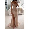 Abito Maxi da Donna Mermaid Scollo Bardot Manica Corta Vestibilità Aderente Spacco Alto Paillettes Abito da Sera Formale