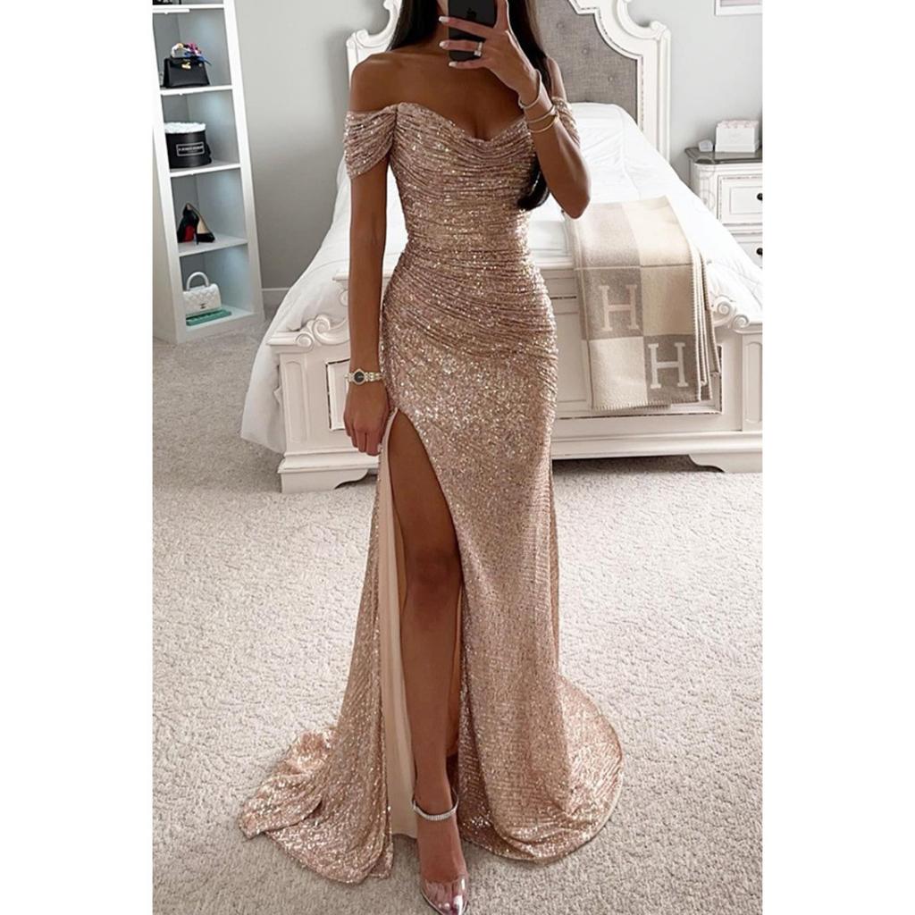 Abito Maxi da Donna Mermaid Scollo Bardot Manica Corta Vestibilità Aderente Spacco Alto Paillettes Abito da Sera Formale