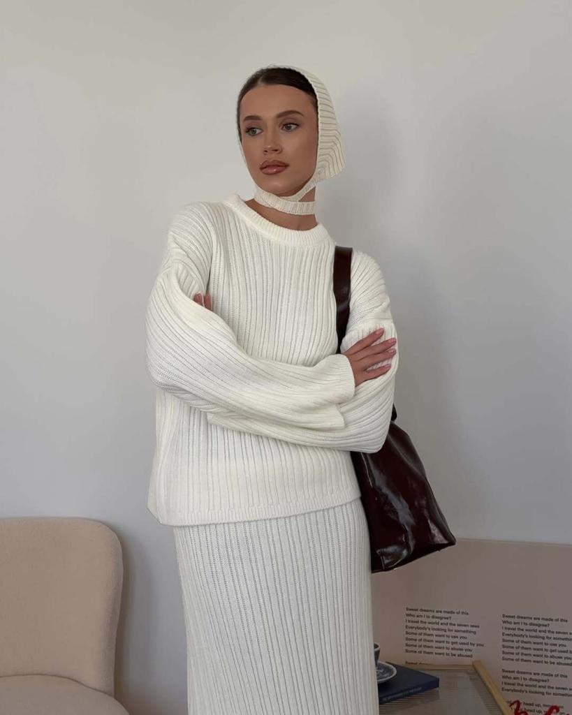 European and American autumn/winter solid color crew neck cable knit sweater set, women's loose knit sweater, wide-leg pants, scarf three-piece set