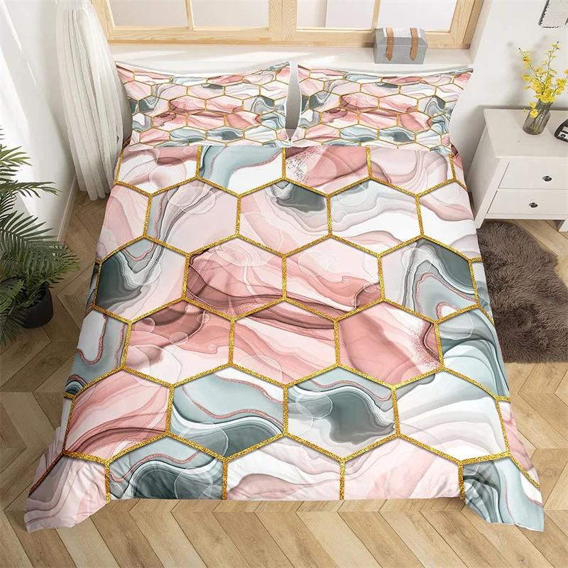 Marble Duvet Cover Set Microfiber Geometric Hexagone Quilt Cover Honeycomb Bedding Set Single King Queen For Kids Teens Adults