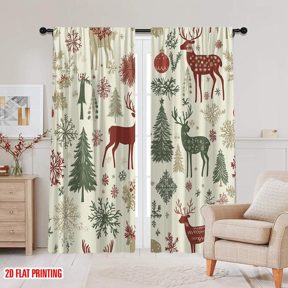 2 Stück, 2D-Flachdruck Vorhänge&Fensterdekoration Weihnachtsbäume Schneeflocken Hirsche Vielseitiges Polyester (ohne Stange) Zimmer Dekor