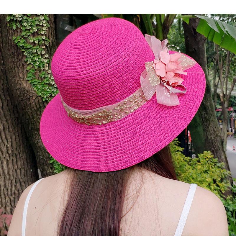 Fashion Women Summer New Women's Sun Hat Bucket Cap Beige Lace Bowknot Flowers Ribbon Flat Top Straw Hat Beach Caps Panama Gift