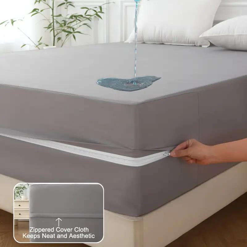 1pc 6-Sided Waterproof Mattress Protector, Dustproof Mattress Encasement with Zipper, Soft & Comfortable Mattress Cover grigio