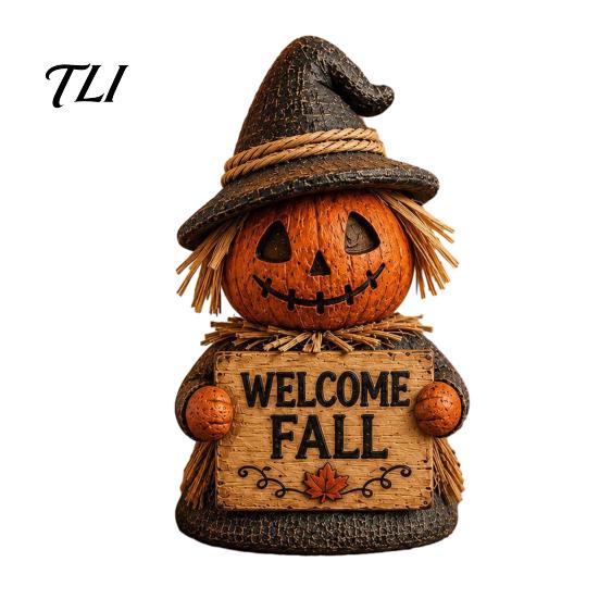 Harvest Season Table Decor Fall Scarecrow Figurine, Wooden Pumpkin Statue, Rustic Autumn Decorative Straw Hat Craft Tabletop Decoration for