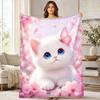 White Kitten Butterfly Blossoms Coral Fleece Blanket Floral Cat Decor