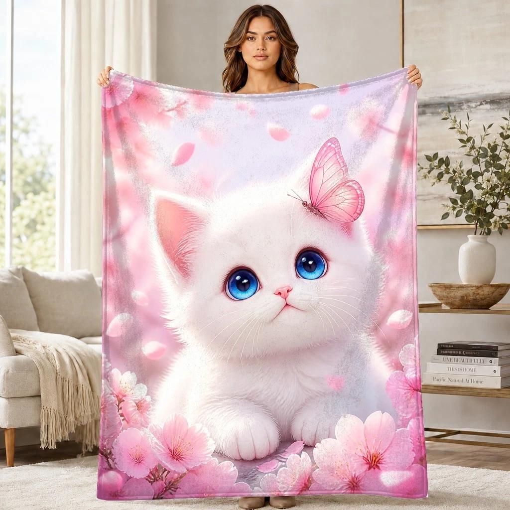 White Kitten Butterfly Blossoms Coral Fleece Blanket Floral Cat Decor