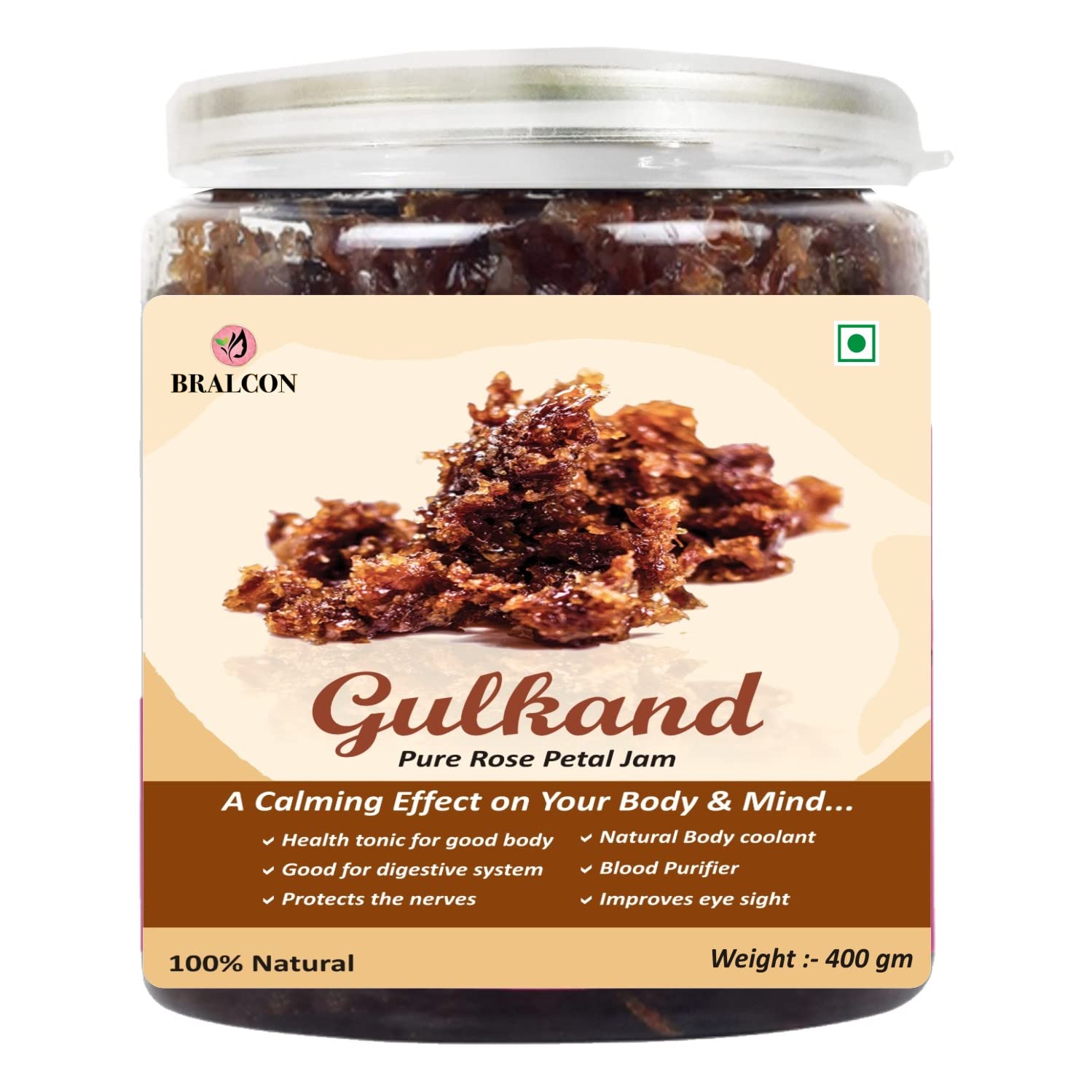 

BRALCON Natural Gulkand (Rose Petal Jam) - 400g | Sun-Cooked Damask Rose Petals & Rock Sugar - Kesar Elaichi| Gulkand for Paan