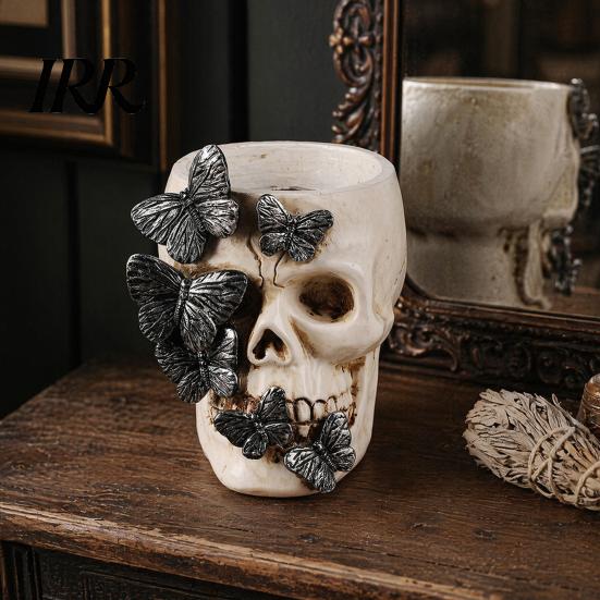 Skull Stationery Holder Gothic Pen Holder, Spooky Butterfly Makeup Brush Festive Organizer Organizer, Halloween Desktop Pencil Cup for Home