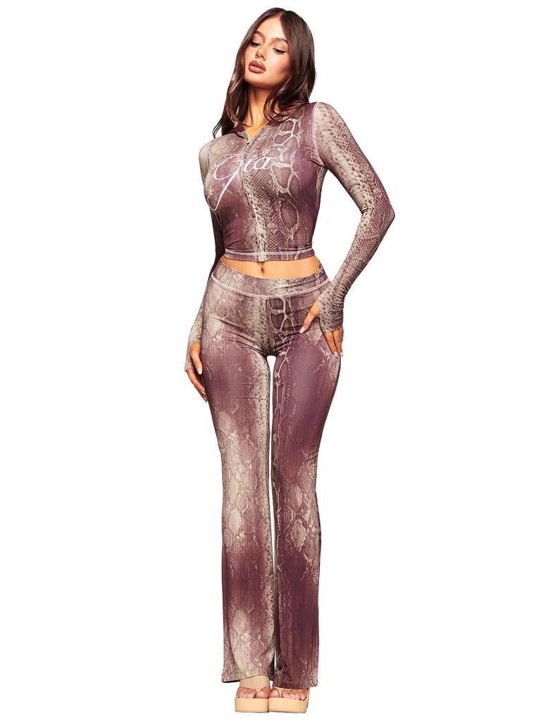 2026 Women Printed Hooded Long Sleeve Crop Top & Flare Pants Two Piece Set Slim Fit Thumb Hole Y2K Streetwear Tracksuit